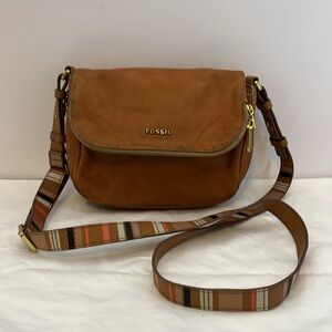 Fossil Preston Flap Tan Leather Expandable Crossbody Purse Bag w/ Striped Strap